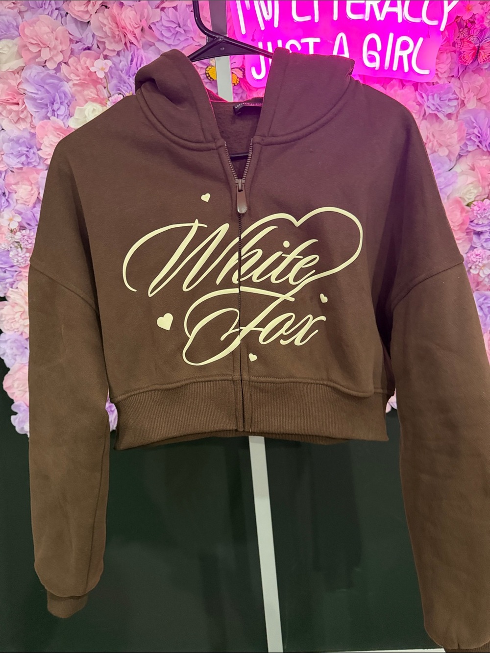 White Fox Boutique Brown Cropped Zip Hoodie with Cream Script